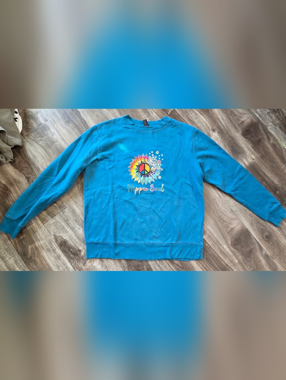 George Womens Teal Sweatshirt with Sunflower Peace Graphic